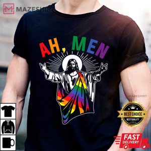Ah Men Funny LGBT Gay Pride Jesus Rainbow Flag Christian Men black t shirt 2