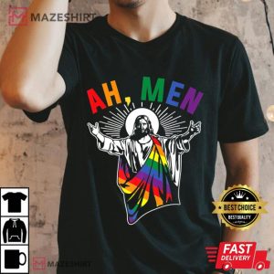 Ah Men Funny LGBT Gay Pride Jesus Rainbow Flag Christian Men blackshirt