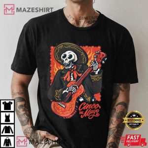 129. Cinco de Mayo Mexican Mariachi Skeleton with Guitar Graphic Tee