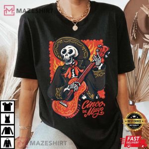 129. Cinco de Mayo Mexican Mariachi Skeleton with Guitar Graphic T Shirt Women black