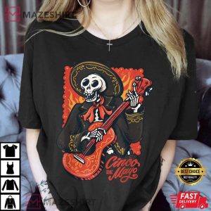 129. Cinco de Mayo Mexican Mariachi Skeleton with Guitar Graphic T Shirt Women black 1