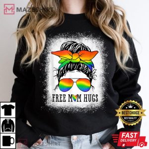Free Mom Hugs Tshirt Messy Bun Heart LGBT Pride Month Women black sweatshirt