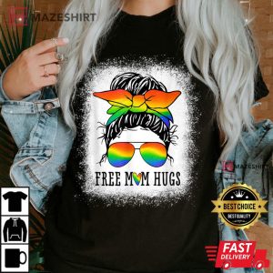 Free Mom Hugs Tshirt Messy Bun Heart LGBT Pride Month Women black t shirt 2
