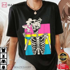 Skeleton Drinking Coffee LGBTQ Pansexual Pride T-Shirt