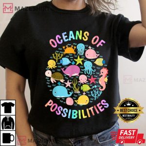 Cute Oceans of Possibilities Summer Reading Sea Creatures Women black t shirt 2