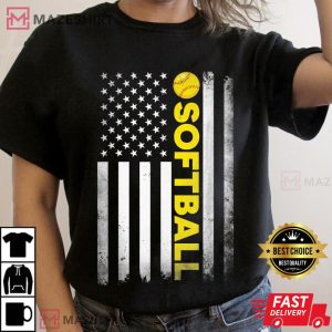 Softball Dad Mom USA US American Flag Apparel Women black t shirt 2