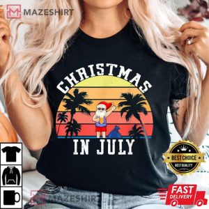 Christmas In July Funny Vintage Santa Summer Beach Vacation Women black t shirt 2