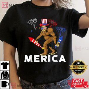 Bigfoot Fireworks Merica TShirt 4th Of July Sasquatch Women black t shirt 2