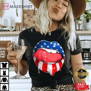 4th of July Patriotic Hot Lips American Flag Grunge Vintage Women black t shirt 2