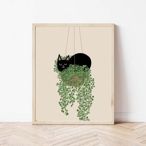 Cat Print Cat Wall Art Cat Art Print Plant Cat