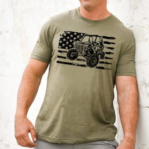 Retro US Flag UTV Riding Offroad Mountain Side By Side Rider Man Olive tee