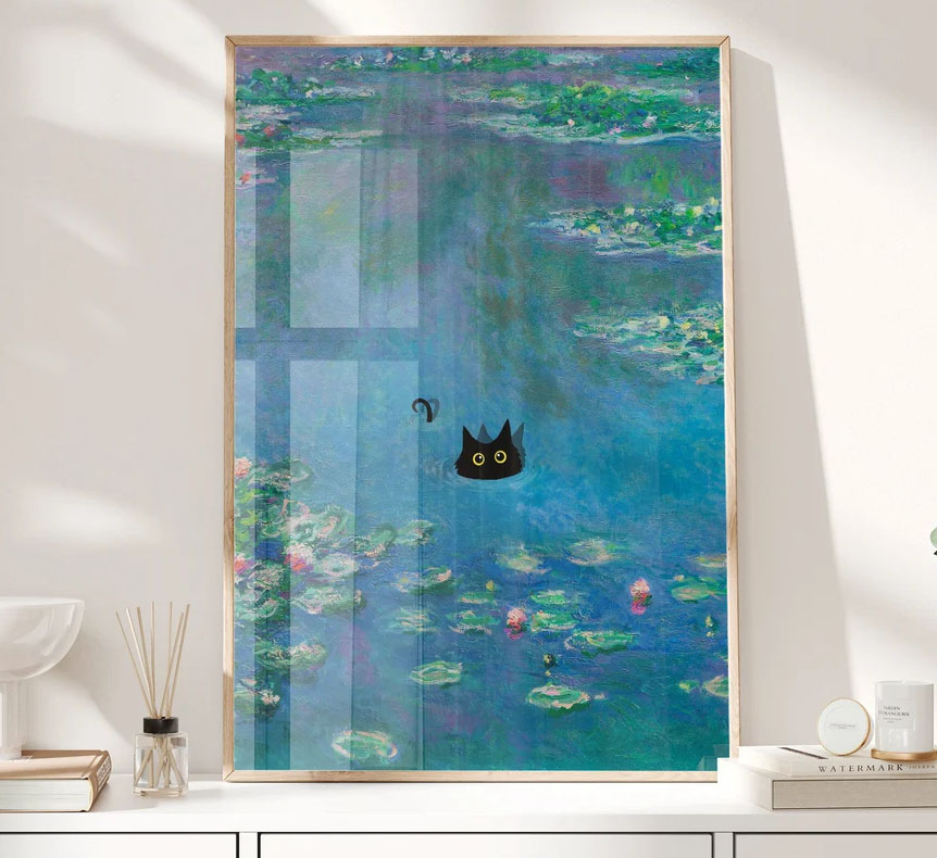 Monet Waterlily Cat Print, Claude Monet Cat Poster