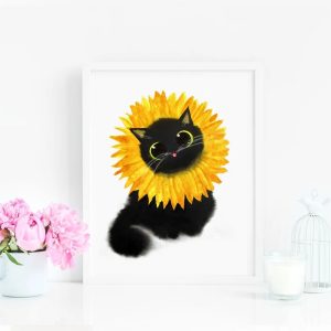 Sunflower Cat Flower Cat Black Cat Art