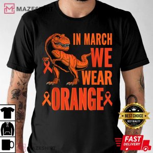 Kids T rex Dino March We Wear Orange Kidney Cancer Awareness Men black t shirt 2