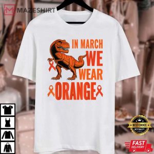 Kids T rex Dino March We Wear Orange Kidney Cancer Awareness Unisex white