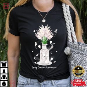 Lung Cancer 2021 Floral White Ribbon Family Support Women black t shirt 2