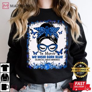 March Wear Dark Blue Colorectal Cancer Awareness Messy Bun Women black sweatshirt