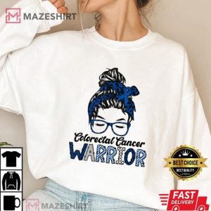 March Wear Dark Blue Colorectal Cancer Awareness Messy Bun Women 2 white sweatshirt