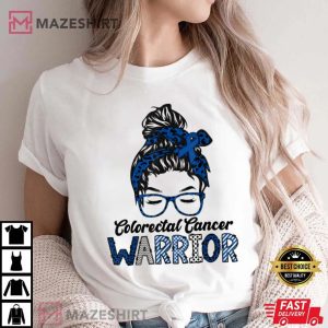 March Wear Dark Blue Colorectal Cancer Awareness Messy Bun Women t shirt