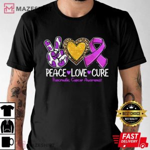 Pancreatic Cancer Awareness Peace Love Cure Purple Ribbon Men black t shirt 2