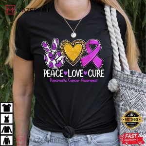 Pancreatic Cancer Awareness Peace Love Cure Purple Ribbon Women black t shirt 2