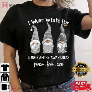 Peace Love Cure I Wear White Gnome Lung Cancer Awareness Women black t shirt 2
