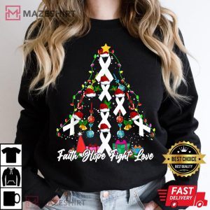 Santa White Ribbon Christmas Tree Lung Cancer Awareness Women black sweatshirt