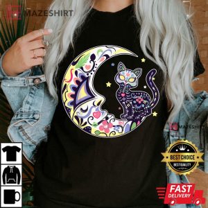 Cat And Moon Sugar Skull Dia De Los Muertos Day Of The Dead Women black t shirt 2 2