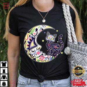Cat And Moon Sugar Skull Dia De Los Muertos Day Of The Dead Women black t shirt 2