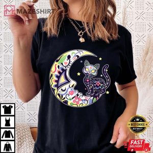 Cat And Moon Sugar Skull Dia De Los Muertos Day Of The Dead Women black