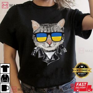 Cat Ukraine Flag Sunglasses Cool Ukrainian Cat Premium Women black t shirt 2 2