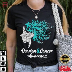 Ovarian Cancer Awareness Butterfly Teal Ribbon Women T Shirt 2