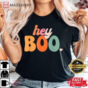 Groovy Ghost Halloween Pumpkin Face Hey Boo Trendy Halloween T Shirt 2