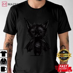 Halloween Grumpy Black Kitten In Bat T Shirt 2