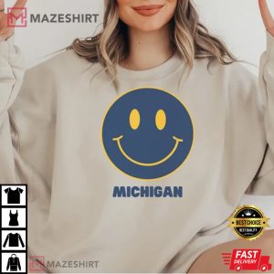 Michigan Happy Face Game Day Cute Blue And Gold Big Smile T