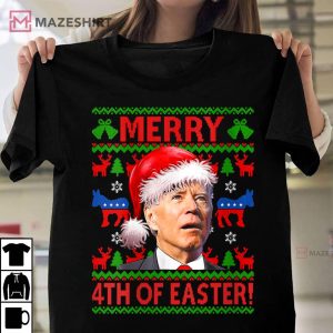 Womens Merry 4th Of Easter Funny Joe Biden Christmas Ugly Sweater V Neck 1