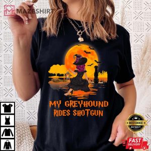 My Greyhound Rides Shotgun Dog And Witch Funny Halloween Premium T Shirt 6