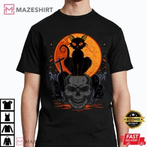 Cute Halloween Gothic Black Cat Standing On Skull T Shirt 3