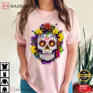 Floral Sugar Skull Day Of The Dead Dia De Muertos T Shirt 1