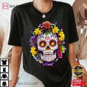 Floral Sugar Skull Day Of The Dead Dia De Muertos T Shirt 4