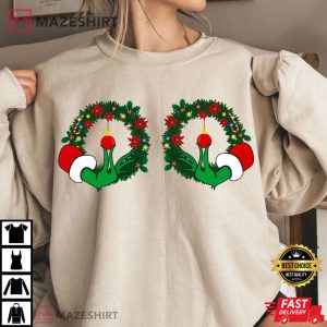 Christmas Boobies Funny Grinch Hand Is On The Breast Hand Boobs T Shirt 3
