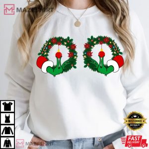 Christmas Boobies Funny Grinch Hand Is On The Breast Hand Boobs T Shirt 4