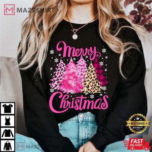 Merry Christmas Tree Pink Leopard Funny Xmas T Shirt 3