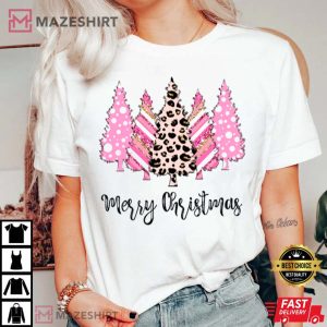 Merry Christmas Tree Leopard Print Holiday T Shirt 1