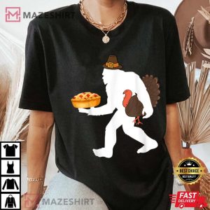 Funny Bigfoot Sasquatch Pilgrim Pie Turkey Thanksgiving T Shirt 3