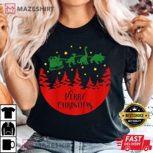 Kids Christmas Dinosaur Santa Sleigh T Shirt 3