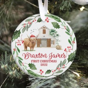 Personalized Baby First Christmas Cow Farm Ornament