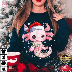 Christmas Axolotl Santa Hat Lights Japanese Cute Anime Xmas T Shirt 2