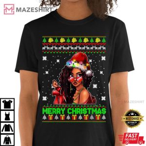 Christmas Santa Hat Black African Girl American Melanin Xmas T Shirt 1