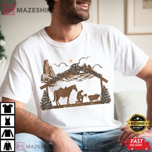 Praying Cowboy Manger Jesus Religious Western Christmas T Shirt 1 4